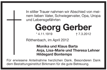 Traueranzeige von Georg Gerber von Pegnitz-Zeitung